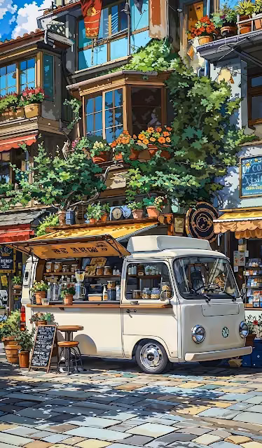 Cozy Anime Coffee Van Street Scene Floral Urban Art - Free 4K & 8K Mobile Wallpaper