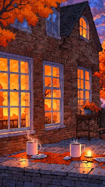 Cozy Autumn Evening with Steaming Mugs on Patio - Free 4K & 8K Mobile Wallpaper