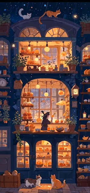 Cozy Bakery at Night with Cats on Rooftop - Free 4K & 8K Mobile Wallpaper