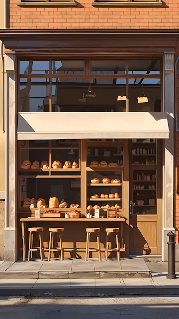 Cozy Bakery Storefront Illustration with Outdoor Seating - Free 4K & 8K Mobile Wallpaper