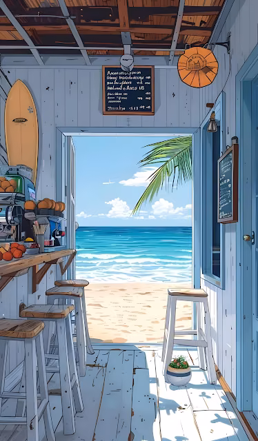 Cozy Beach Cafe View Anime Illustration Tropical Ocean Shack - Free 4K & 8K Mobile Wallpaper