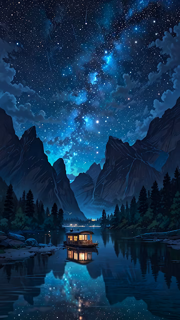 Cozy Cabin Boat Under Starry Night Sky in Mountains - Free 4K & 8K Mobile Wallpaper