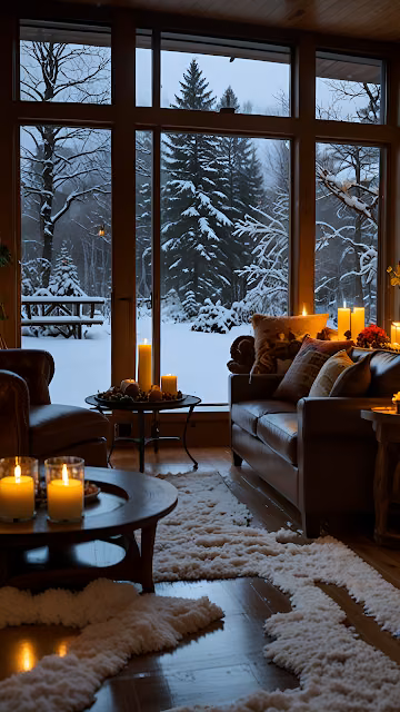 Cozy Cabin Winter View Candles Hygge Interior Design - Free 4K & 8K Mobile Wallpaper