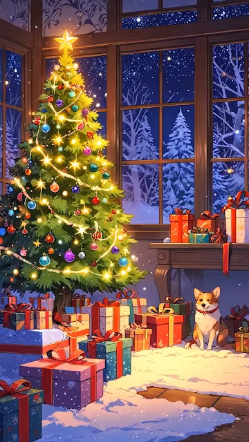 Cozy Christmas Tree with Gifts and Corgi by Window - Free 4K & 8K Mobile Wallpaper
