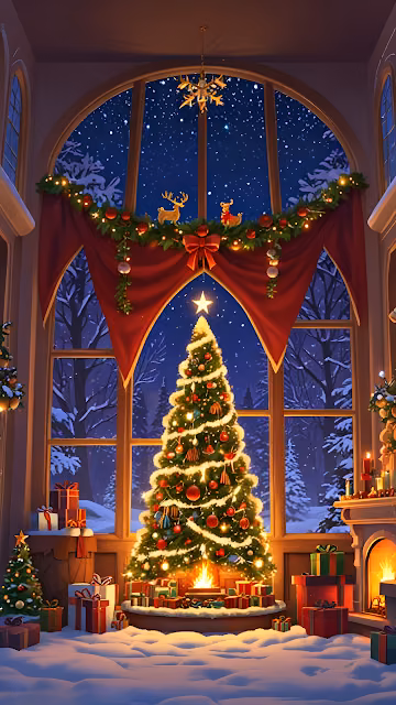 Cozy Christmas Tree Lit by Fireplace in Snowy Window View - Free 4K & 8K Mobile Wallpaper