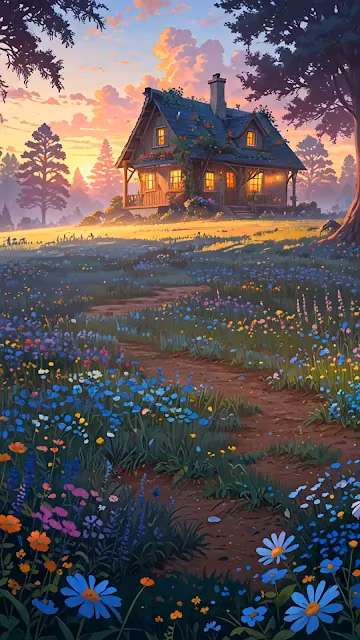 Cozy Cottage in Wildflower Meadow at Golden Sunset - Free 4K & 8K Mobile Wallpaper
