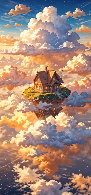 Cozy House on Floating Island Amidst Clouds - Free 4K & 8K Mobile Wallpaper