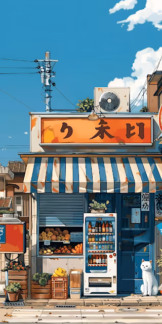 Cozy Japanese Street Corner Storefront Vending Machine Cat Art - Free 4K & 8K Mobile Wallpaper