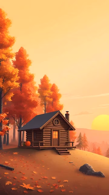 Cozy Log Cabin in Autumn Forest at Sunset - Free 4K & 8K Mobile Wallpaper