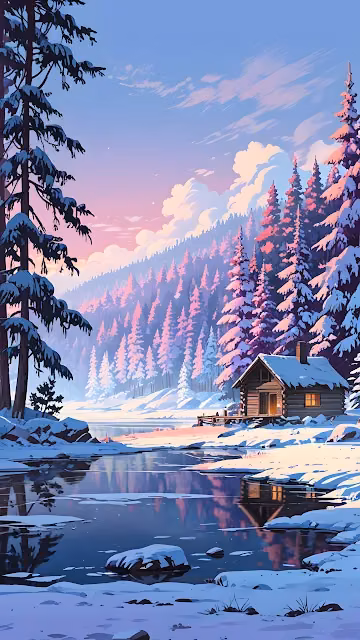 Cozy Log Cabin by Frozen Lake in Pastel Winter Forest - Free 4K & 8K Mobile Wallpaper