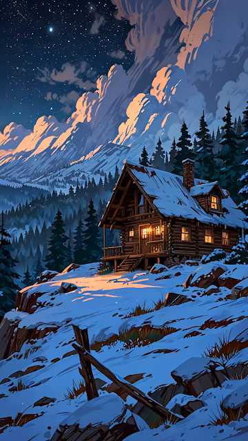 Cozy Log Cabin Under Starry Mountain Twilight Sky - Free 4K & 8K Mobile Wallpaper