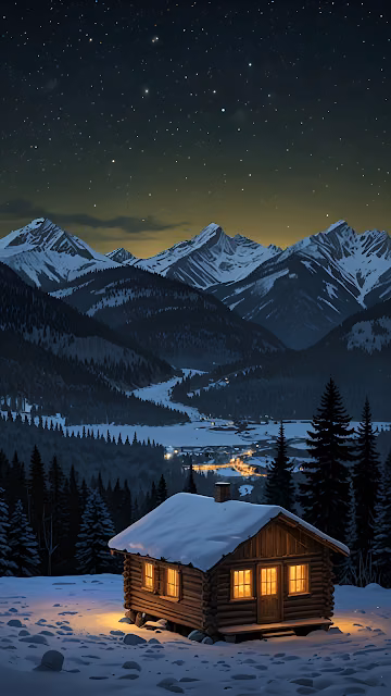 Cozy Log Cabin Under Starry Night Sky in Snowy Mountain Valley - Free 4K & 8K Mobile Wallpaper
