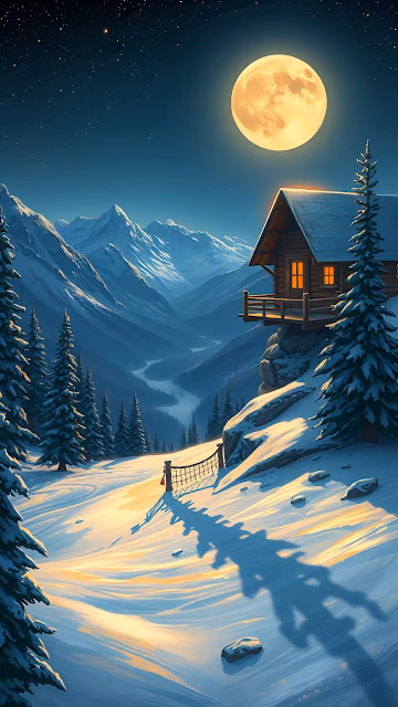 Cozy Mountain Cabin Under Giant Full Moon Winter Night - Free 4K & 8K Mobile Wallpaper