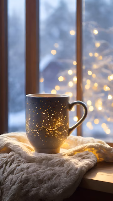 Cozy Mug with Fairy Lights on Window Sill Winter Bokeh - Free 4K & 8K Mobile Wallpaper