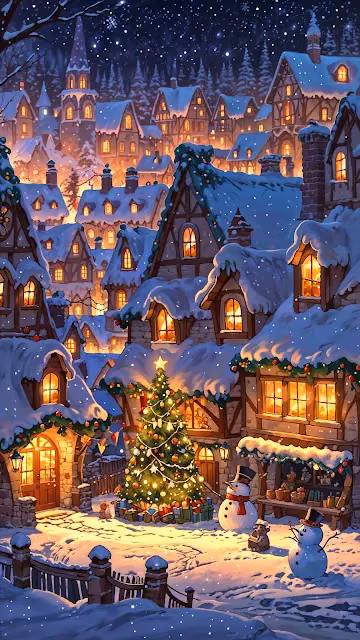 Cozy Snowy Village with Christmas Tree at Night - Free 4K & 8K Mobile Wallpaper