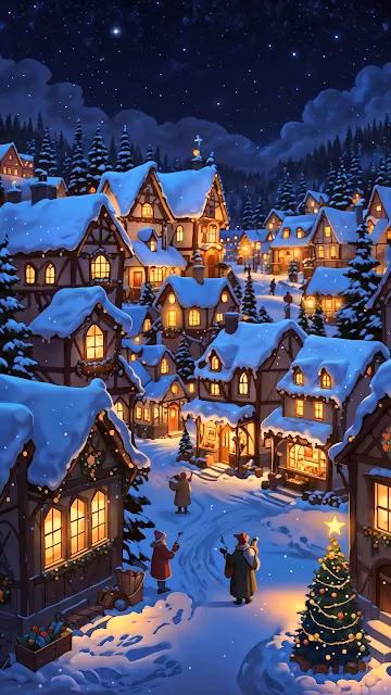 Cozy Snowy Village Under Starry Christmas Night - Free 4K & 8K Mobile Wallpaper