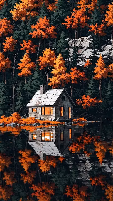 Cozy Stone Cabin Reflecting Autumn Forest in Lake - Free 4K & 8K Mobile Wallpaper