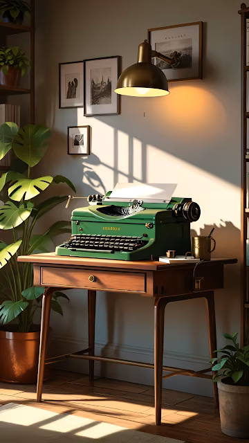 Cozy Study Nook Vintage Green Typewriter Sunlight Desk - Free 4K & 8K Mobile Wallpaper