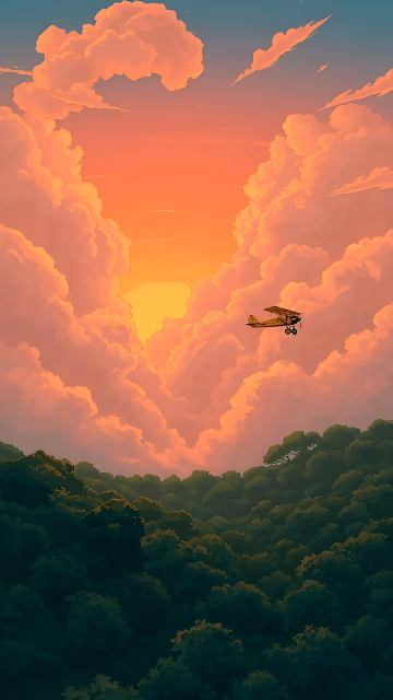 Cozy Sunset Biplane Flight Over Forest Illustration Art - Free 4K & 8K Mobile Wallpaper