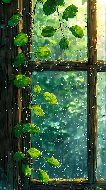 Cozy Window Raindrops Green Vine Anime Aesthetic - Free 4K & 8K Mobile Wallpaper
