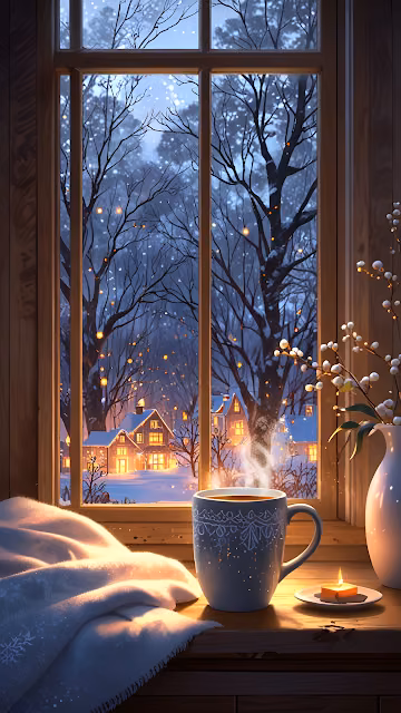 Cozy Window View of Snowy Village at Twilight - Free 4K & 8K Mobile Wallpaper