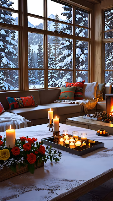 Cozy Winter Cabin Interior with Candles and Snow View - Free 4K & 8K Mobile Wallpaper