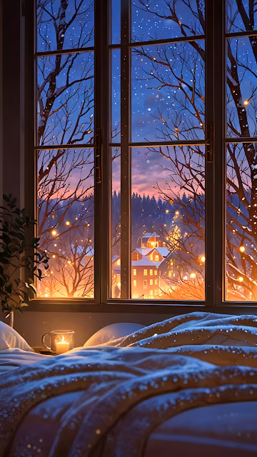 Cozy Winter Window View Village Lights Snowfall Hygge - Free 4K & 8K Mobile Wallpaper