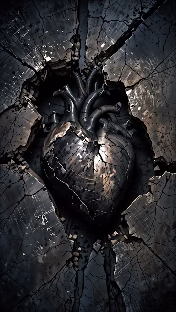 Cracked Metallic Heart Emerging from Ruins - Free 4K & 8K Mobile Wallpaper