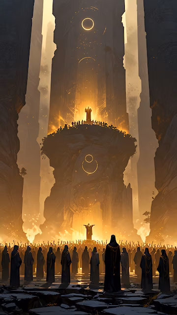 Crowd Gathered Before Floating Temple Under Golden Eclipse - Free 4K & 8K Mobile Wallpaper
