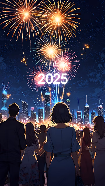 Crowd Watches 2025 Fireworks Over City Skyline - Free 4K & 8K Mobile Wallpaper