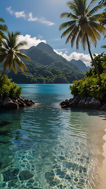 Crystal Clear Tropical Lagoon Beach Palm Trees Mountains - Free 4K & 8K Mobile Wallpaper