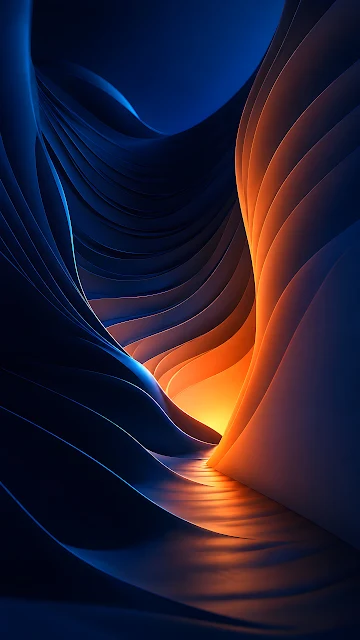 Abstract sculpted wave layers glow with warm orange and deep navy blue light. Minimalist smooth curving layered ridges glowing with orange light and deep blue shadows.