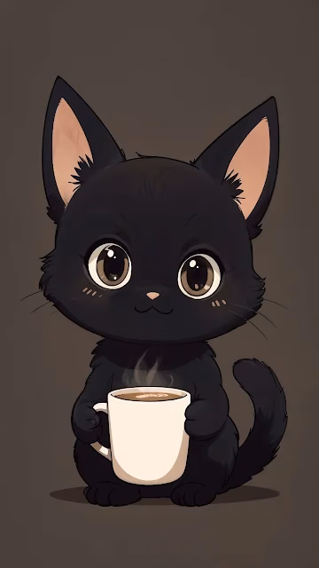 Cute Black Kitten Holding Steaming Coffee Cup - Free 4K & 8K Mobile Wallpaper