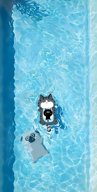 Cute Cartoon Cat Floating in Swimming Pool Summer Relaxation - Free 4K & 8K Mobile Wallpaper