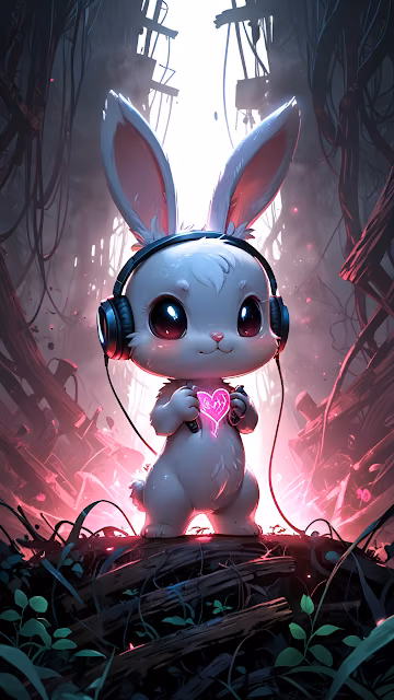 Cute Chibi Bunny Wearing Headphones and Glowing Heart - Free 4K & 8K Mobile Wallpaper