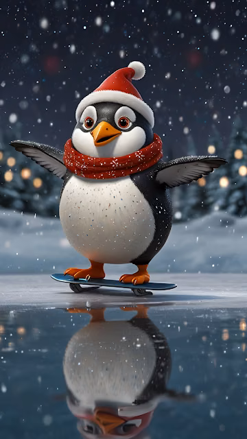 Cute penguin in Santa hat skateboards on icy lake at night - Free 4K & 8K Mobile Wallpaper