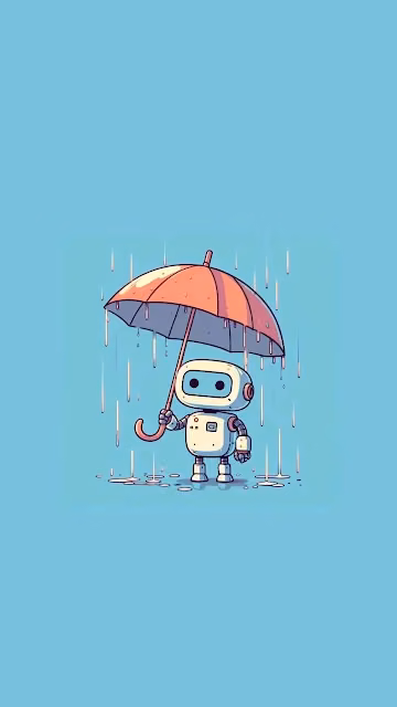 Cute robot holds umbrella in gentle rain on blue background - Free 4K & 8K Mobile Wallpaper