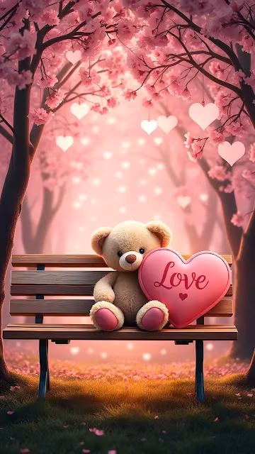 Cute Teddy Bear with Pink Heart in Blossom Park - Free 4K & 8K Mobile Wallpaper
