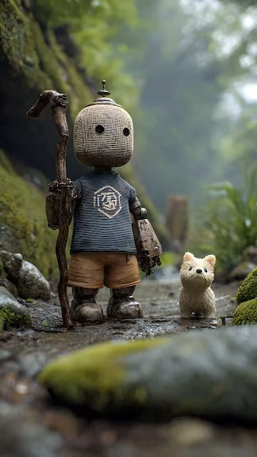 Cute Woven Robot and Fluffy Dog Hiking in Misty Forest Trail - Free 4K & 8K Mobile Wallpaper