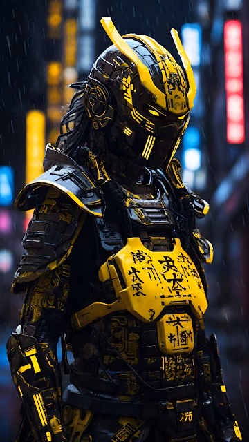 Cyber Samurai Armor Yellow Black Neon City Warrior Rain - Free 4K & 8K Mobile Wallpaper