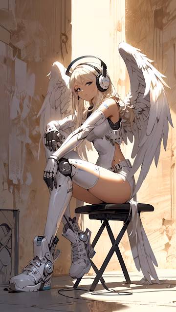 Cybernetic Angel Girl Resting with Headphones and Wings - Free 4K & 8K Mobile Wallpaper