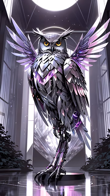 Cybernetic Chrome Owl Statue With Iridescent Purple Wings - Free 4K & 8K Mobile Wallpaper