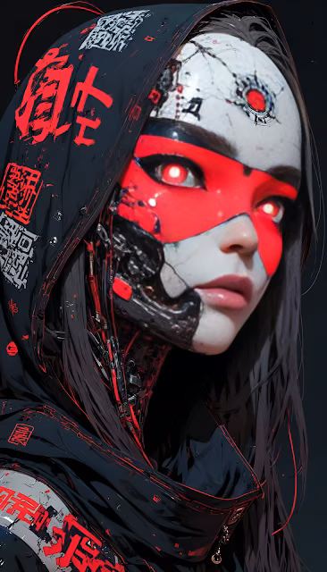 Cybernetic Geisha Portrait with Glowing Red Eyes and Kanji Hood - Free 4K & 8K Mobile Wallpaper