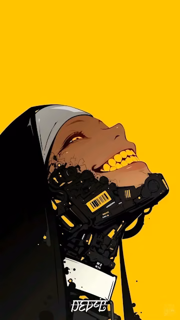 Cybernetic Nun Grin Yellow Background SciFi Illustration - Free 4K & 8K Mobile Wallpaper