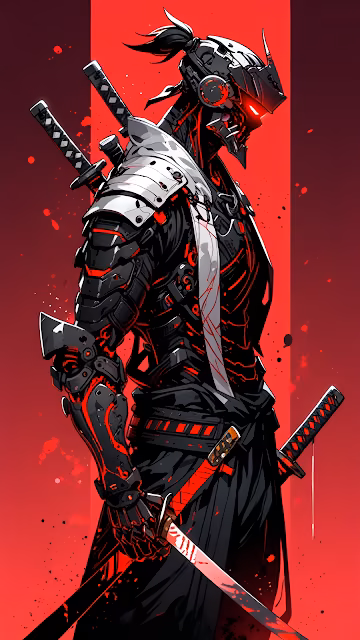 Cybernetic Samurai Warrior Illustration, Red Katana - Free 4K & 8K Mobile Wallpaper