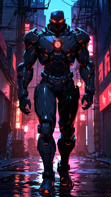 Cybernetic Warrior in Neon Rain-Slicked Alley - Free 4K & 8K Mobile Wallpaper