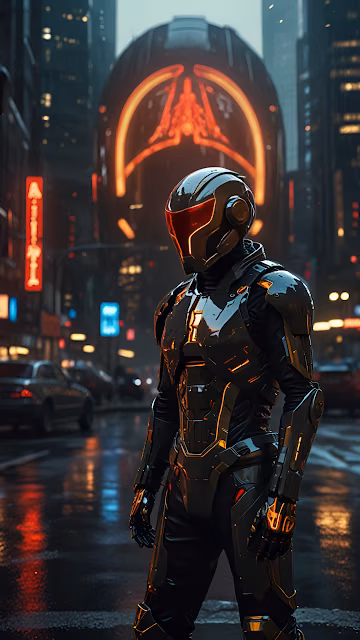 Cybernetic Warrior Standing in Rainy Neon City Street - Free 4K & 8K Mobile Wallpaper