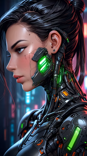 Cybernetic Woman with Glowing Green Implants in Neon City - Free 4K & 8K Mobile Wallpaper
