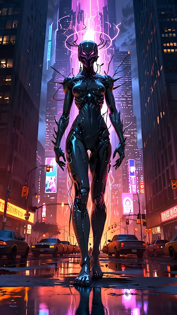 Cybernetic Woman with Glowing Halo in Neon City at Night - Free 4K & 8K Mobile Wallpaper