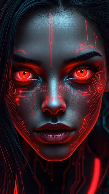 Cybernetic Woman with Glowing Red Eyes and Circuits - Free 4K & 8K Mobile Wallpaper